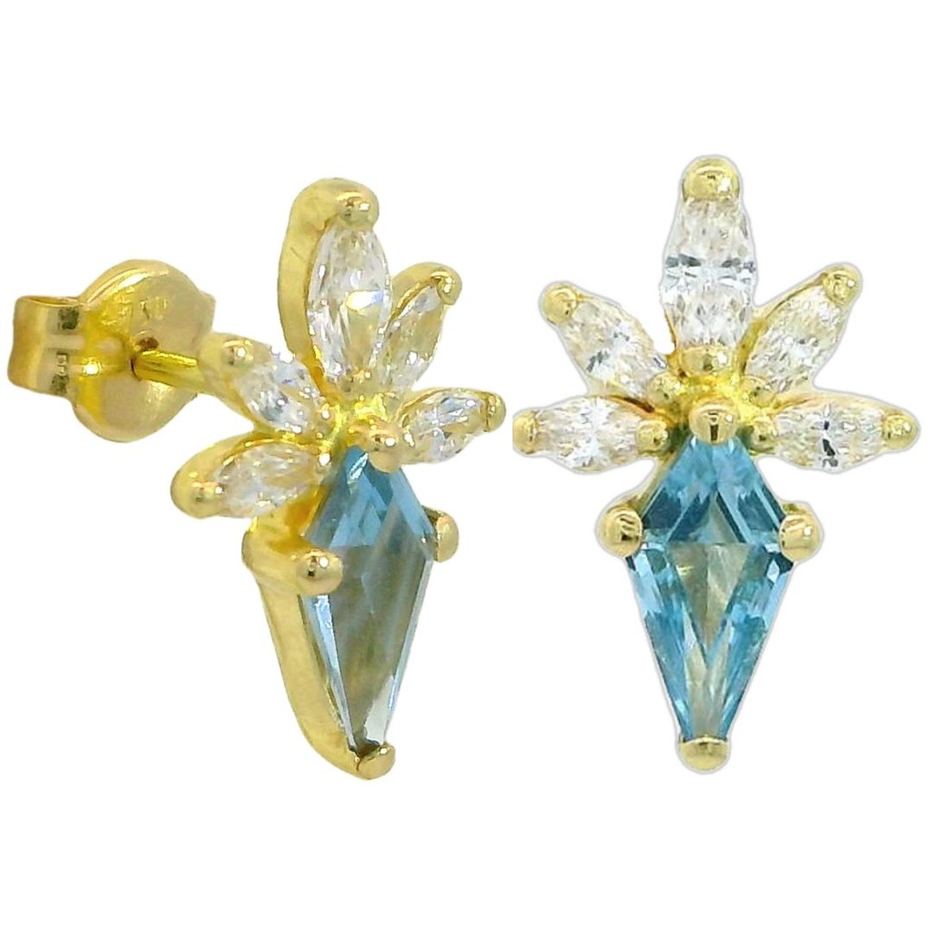 Pendientes flor circonitas y color aguamarina oro de 18k