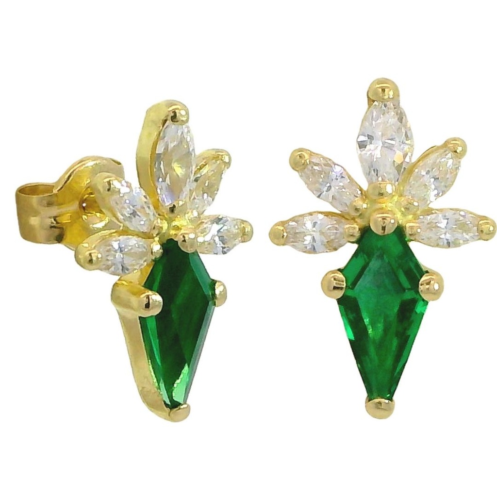 Pendientes flor circonitas piedra cometa esmeralda oro 18k
