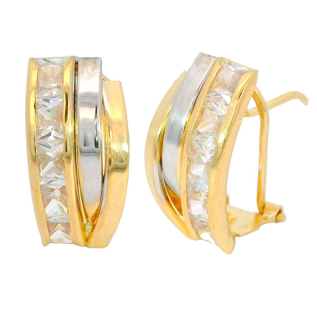 Pendientes tres bandas bicolor y circonitas oro 18k
