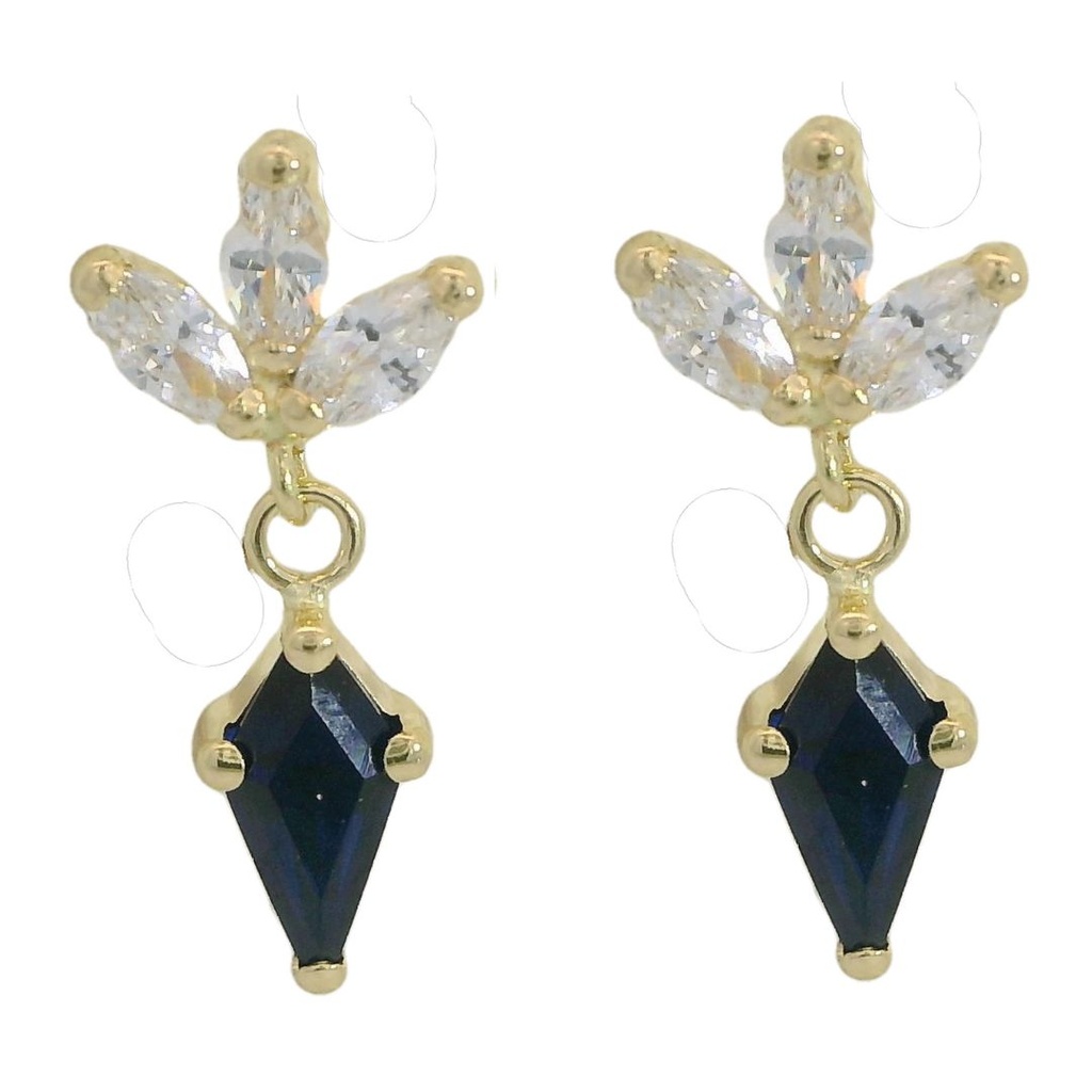 Pendientes flor circonitas y piedra color zafiro en oro 18k