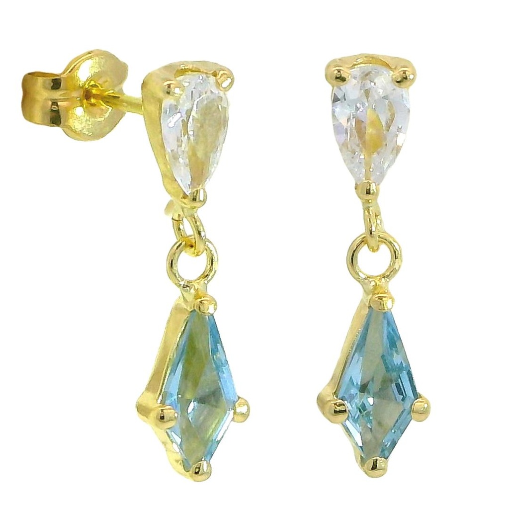 Pendientes circonita y piedra cometa color aguamarina oro 18k