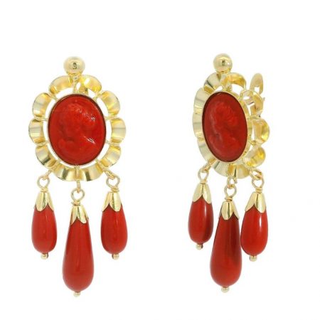 Pendiente arquillo y chupones color coral en oro de 18k