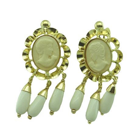 Pendientes arquillo y chupones color marfil oro 18k