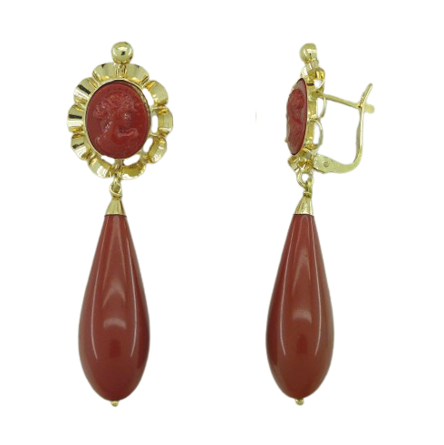Pendientes arquillo y chupon color coral en oro de 18k