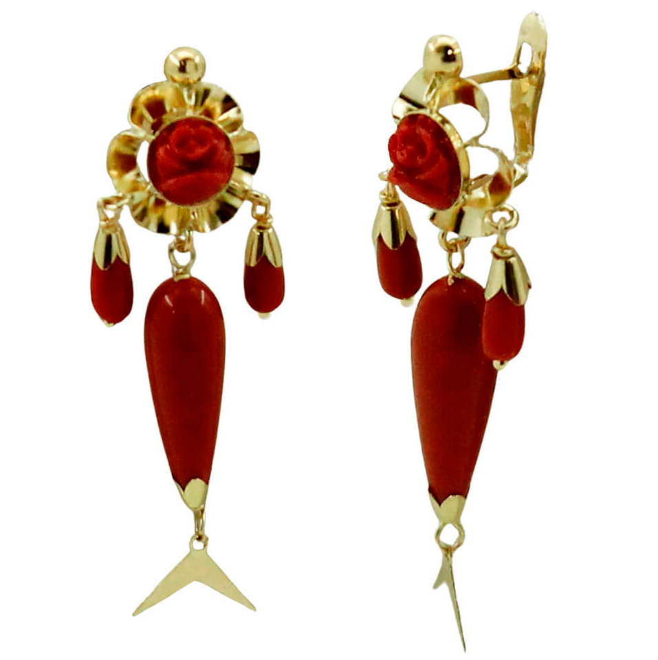 Pendientes arquillo y chupones en color coral oro 18k