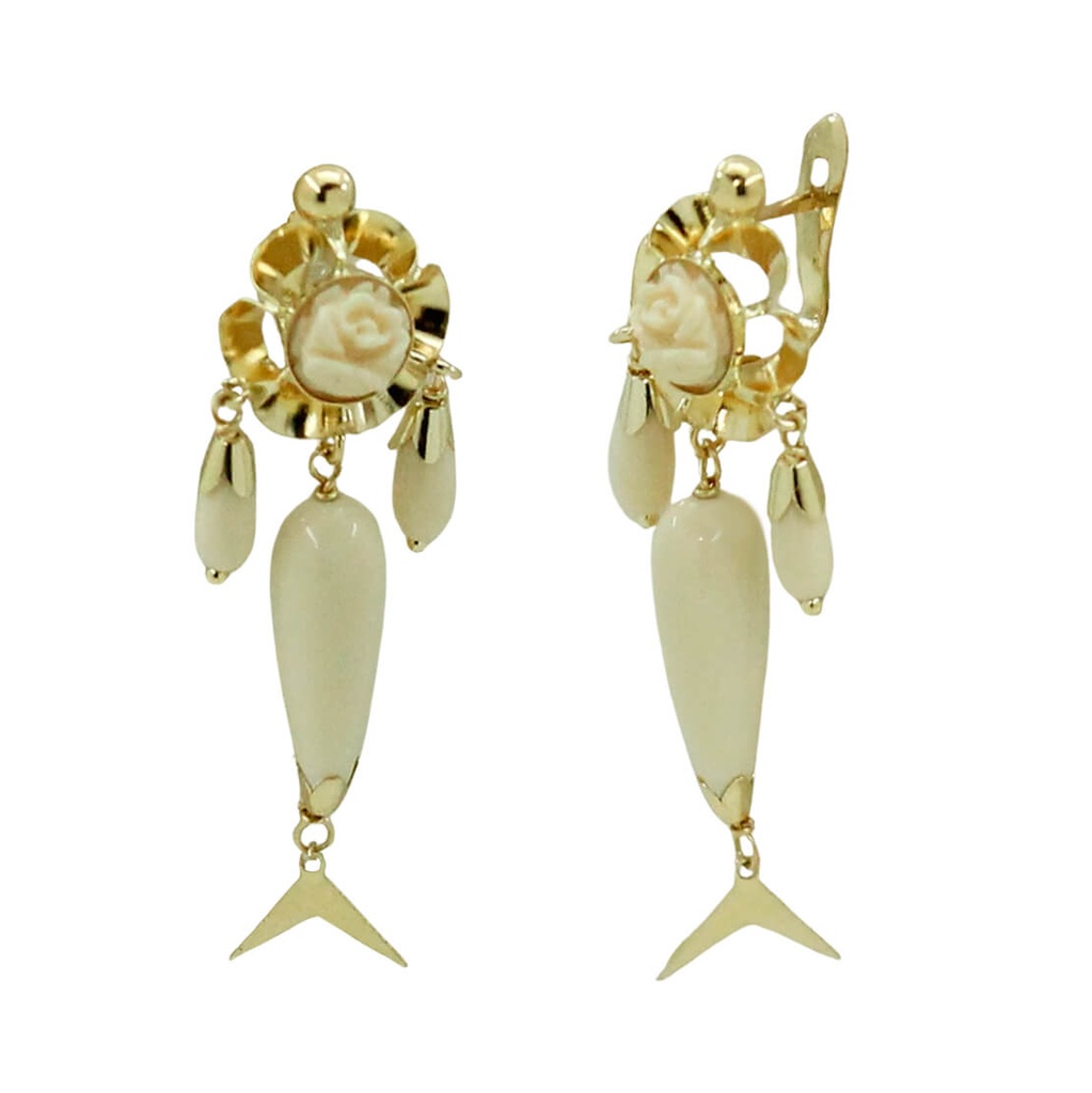 Pendientes arquillo y chupones color marfil en oro de 18k