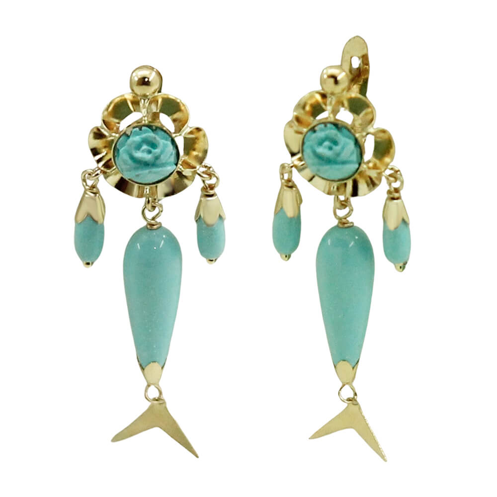 Pendientes arquillo flor y chupones en color turquesa oro 18k