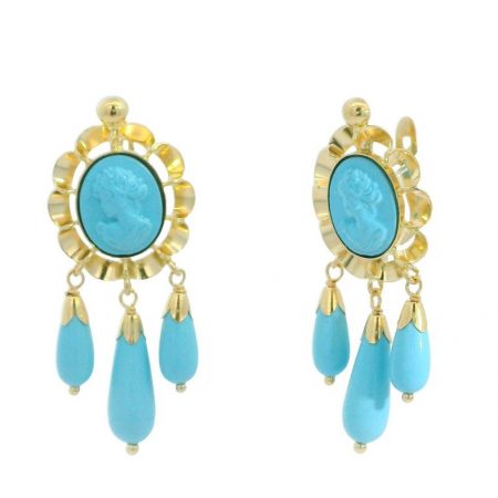 Pendientes arquillo y tres chupones color turquesa oro 18k