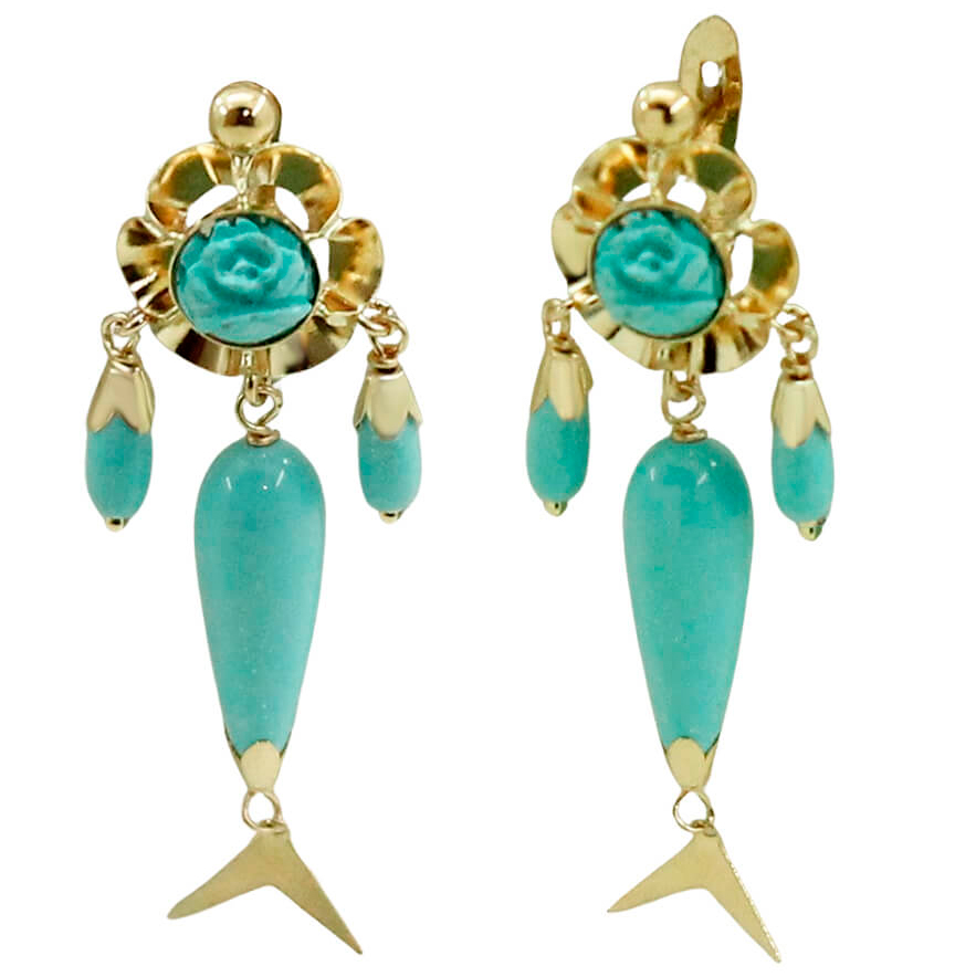 Pendientes arquillo flor y chupones color turquesa oro 18k