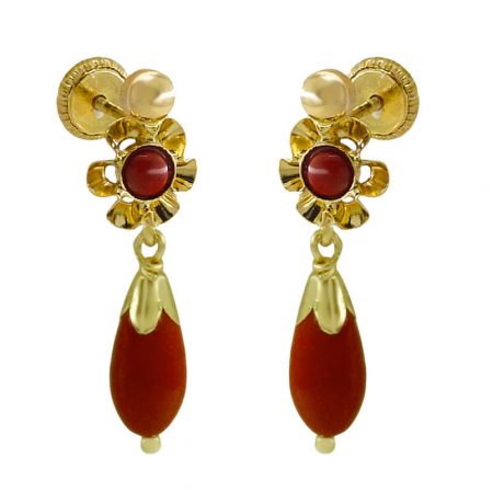 Pendientes arquillo pera color coral en oro de 18k
