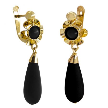 Pendientes arquillo con pera negra en oro de 18k
