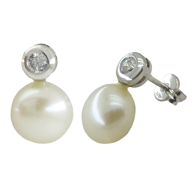 Pendientes chaton circonita y perla en oro blanco 18k