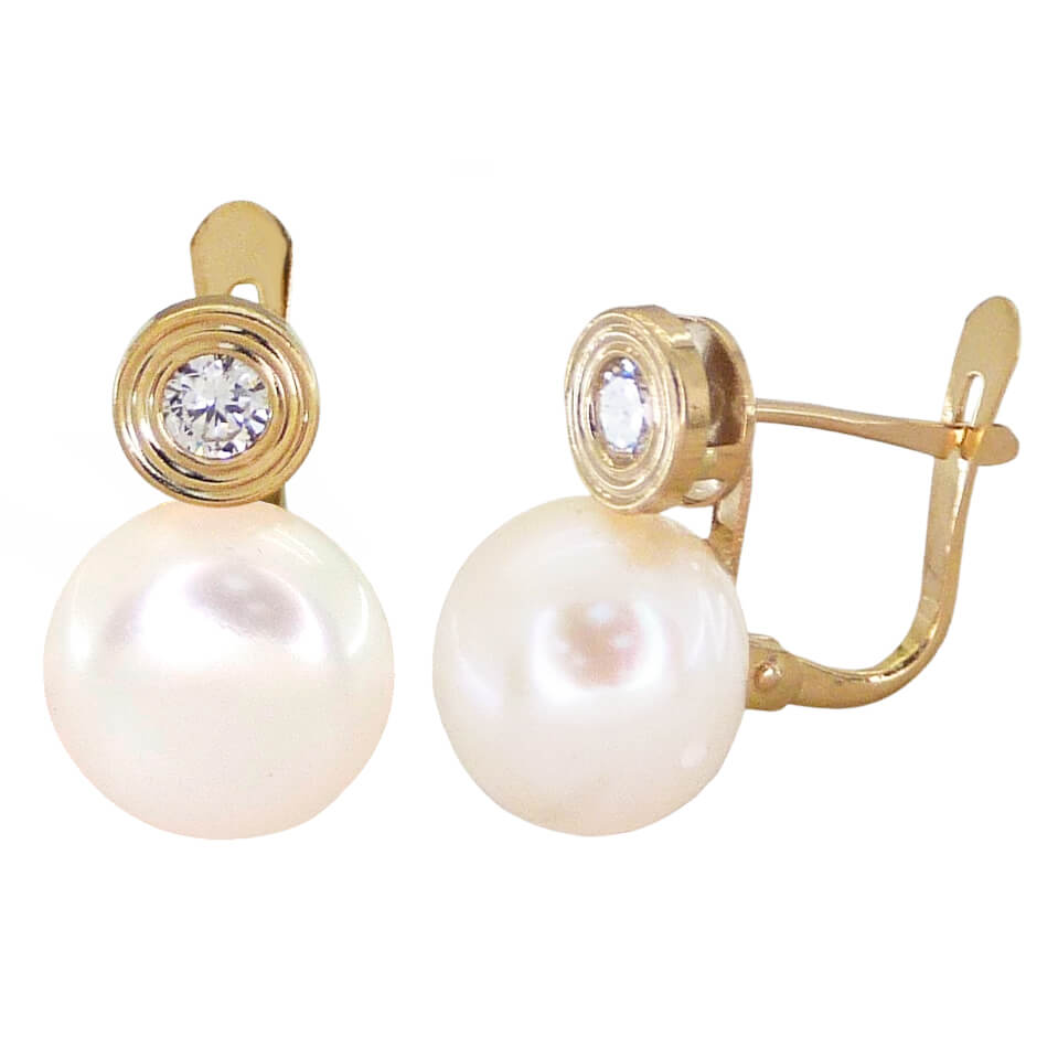 Pendientes de chaton de 10mm.circonita y perla de 6mm.oro 18k