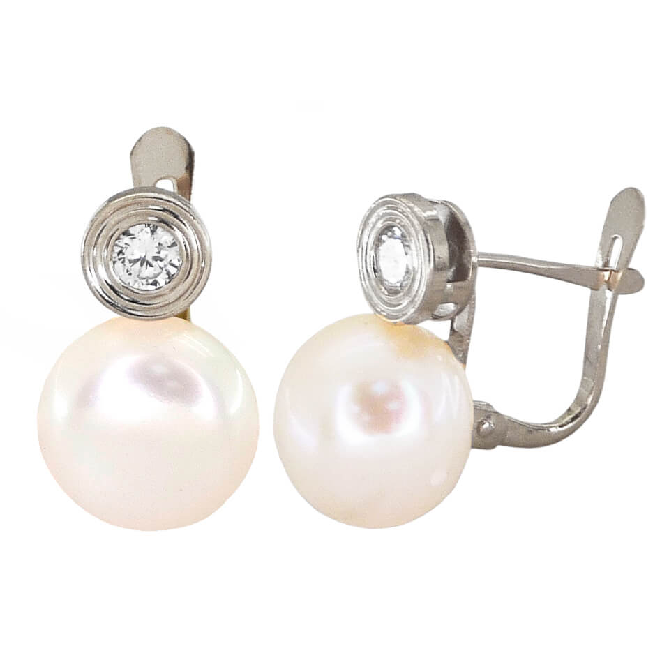 Pendientes chaton circonita y perla en oro blanco 18k