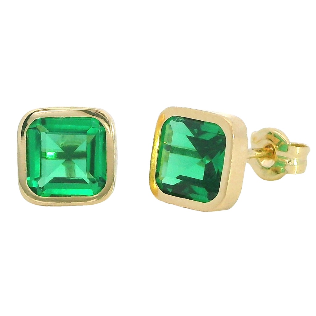 Pendientes cuadrados piedra color esmeralda 6x6mm. oro 18k