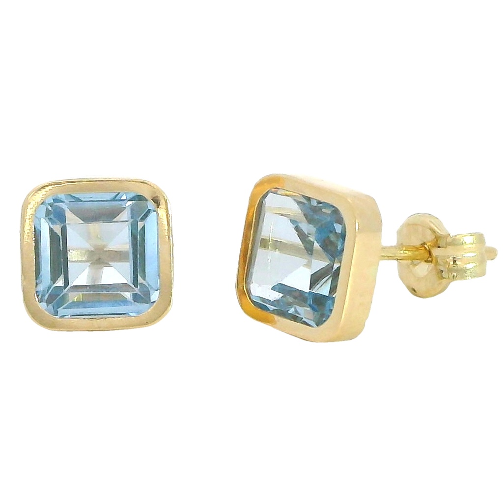 Pendientes piedra color aguamarina 6x6mm. oro 18k