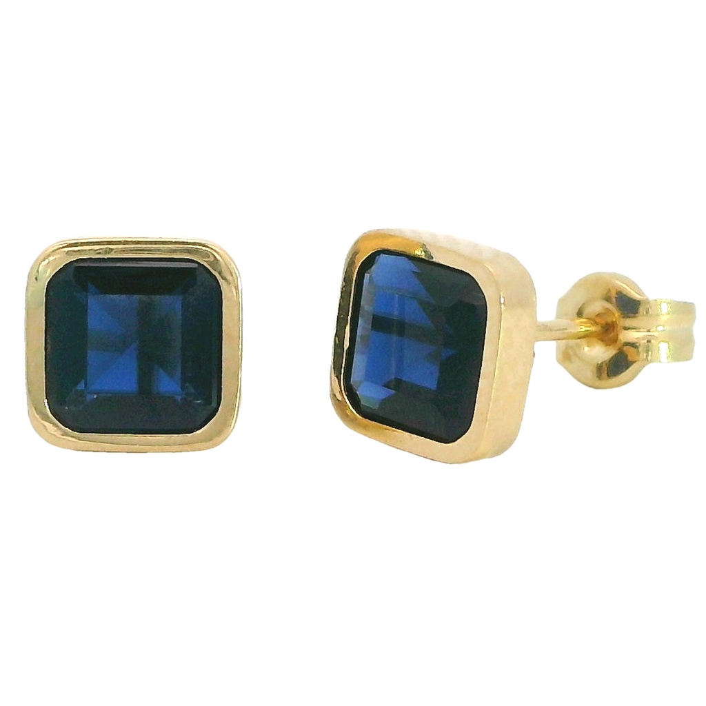 Pendientes piedra color zafiro 6x6mm. oro 18k