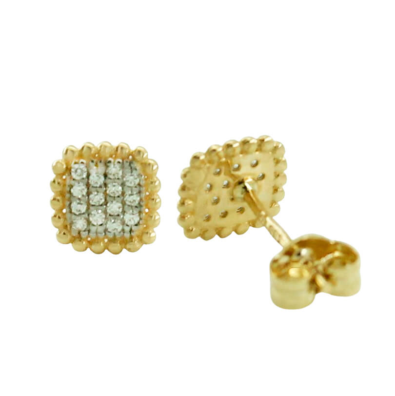 Pendientes cuadrados circonitas borde de bolas 6mm. oro 18k