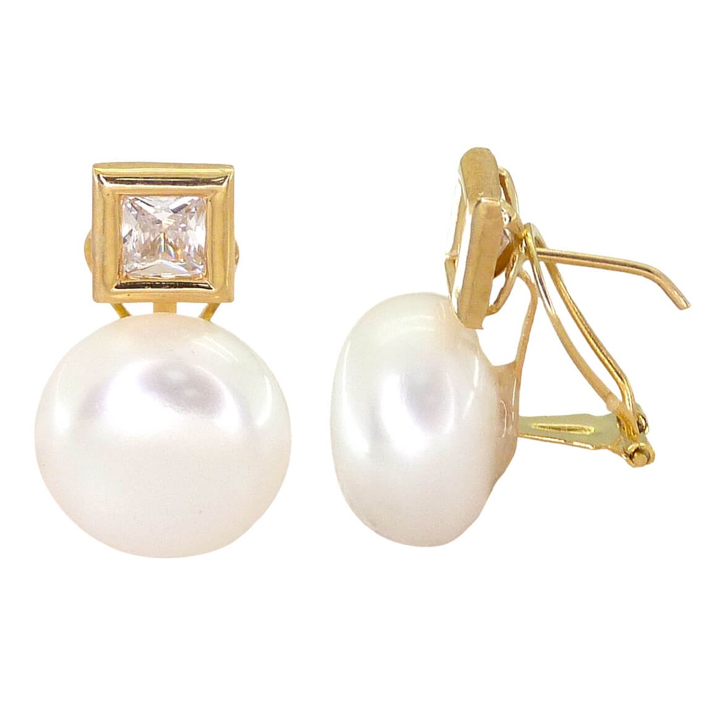 Pendientes circonita 7.5MM. y perla 12MM. oro 18k