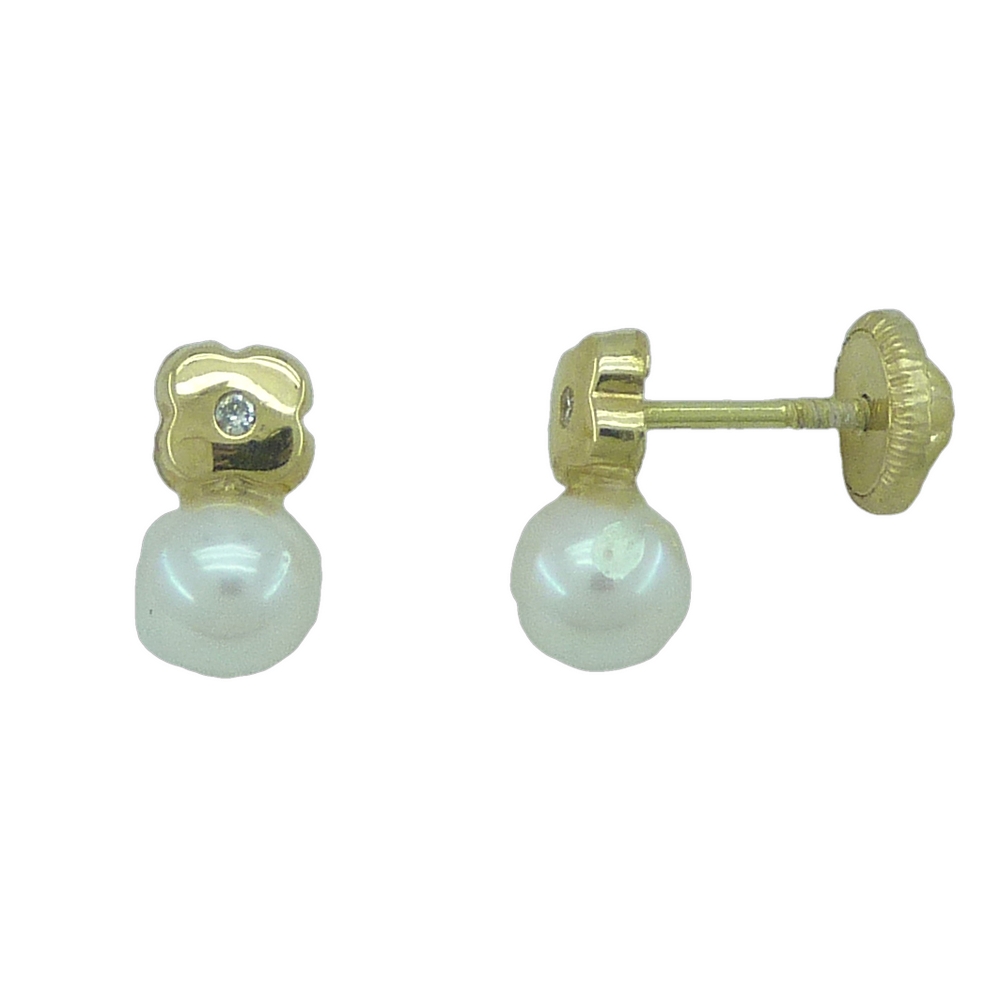 Pendientes flor circonita y perla blanca oro 18k