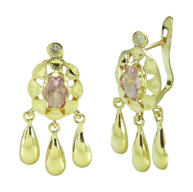 Pendientes cubana piedra 6x4MM. color rosa 3 lagrimas oro 18k