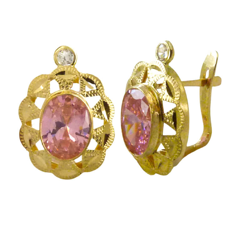 Pendientes cubana piedra rosa oro 18k