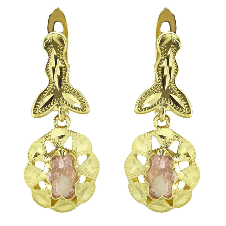 Pendientes cubana con piedra rosa y mosca oro18k