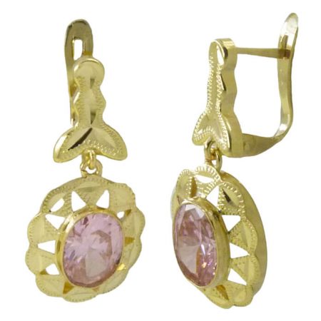 Pendientes cubana piedra rosa y mosca oro 18k