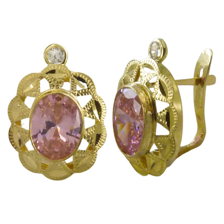 Pendientes cubana piedra 8x6mm. color rosa oro 18k