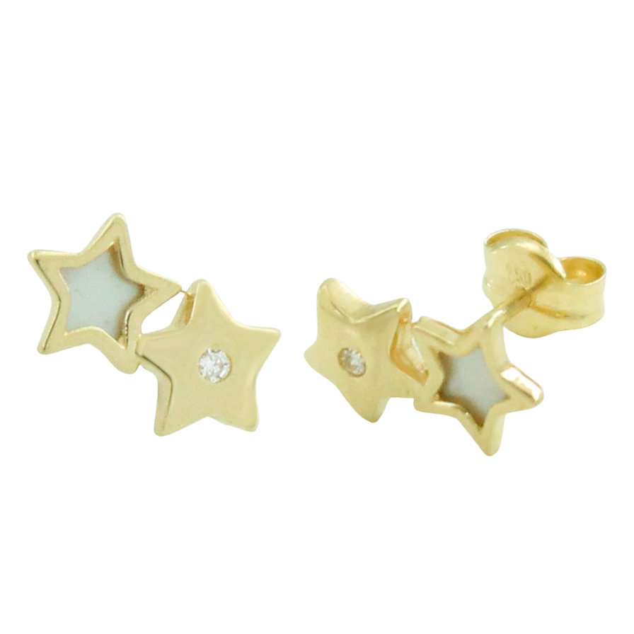 Pendientes doble estrella con circonita y nacar oro 18k