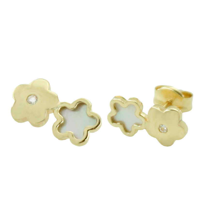 Pendientes doble flor circonita y nacar en oro de 18k