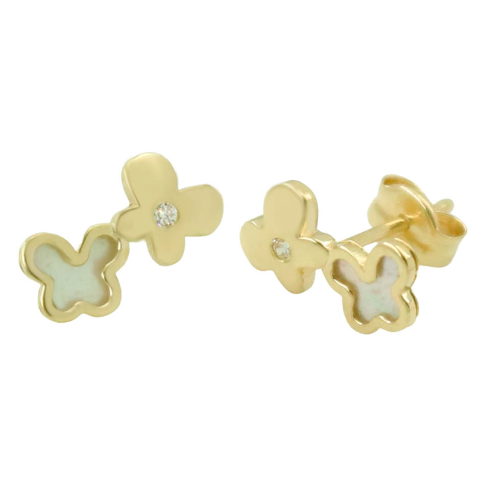 Pendientes doble mariposa circonita y nacar en oro de 18k