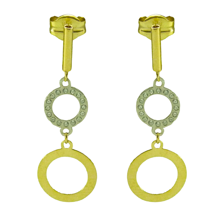 Pendientes bicolor doble circulo en oro de 18k