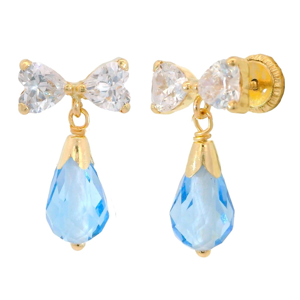 Pendientes lazo circonita y pera color aguamarina en oro de 18k