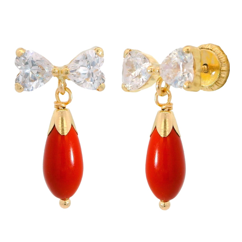Pendientes lazo circonitas corazon y pera color coral oro 18k