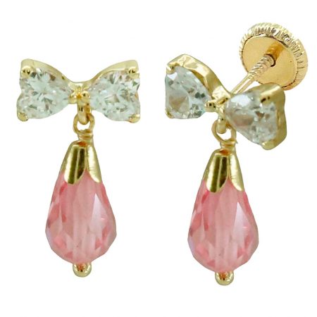 Pendientes lazo circonitas corazones pera color rosa de francia oro 18k