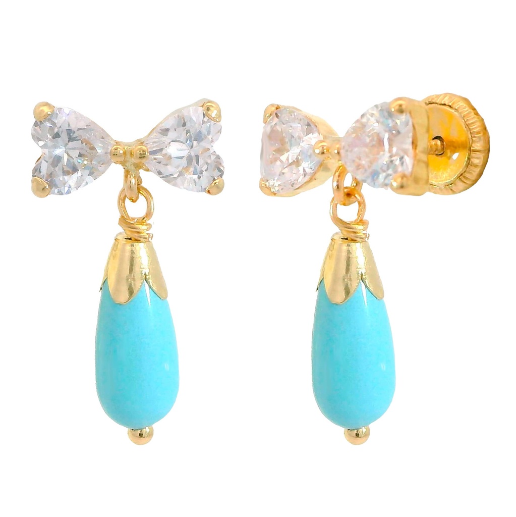 Pendientes lazo circonitas pera color turquesa oro de 18k