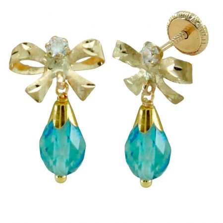 Pendientes lazo perla color aguamarina en oro de 18k