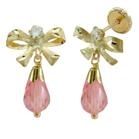 Pendientes lazo pera color rosa francia oro18k
