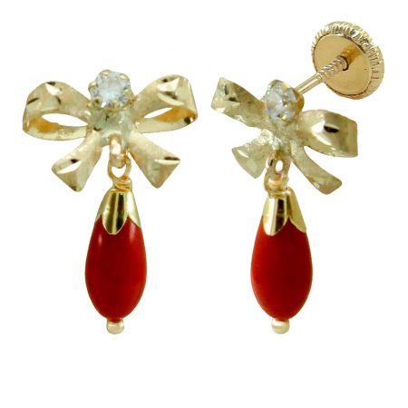 Pendientes lazo pera color coral oro de 18k