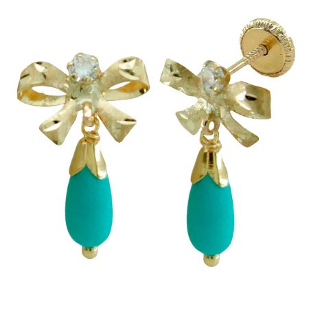 Pendientes lazo pera color turquesa oro de 18k