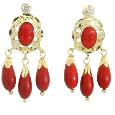 Pendientes cubana camafeo y chupones color coral oro 18k