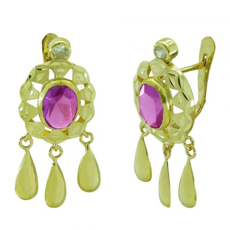 Pendientes cubana piedra rosa y lagrimas en oro de 18k