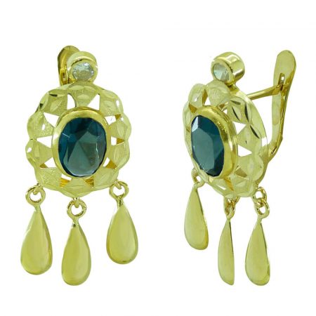 Pendientes cubana piedra color zafiro en oro de 18k