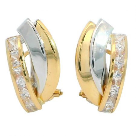 Pendientes bandas bicolor y circonitas carre oro 18k