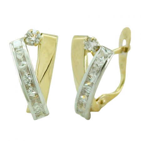 Pendientes doble banda circonitas bicolor oro 18k