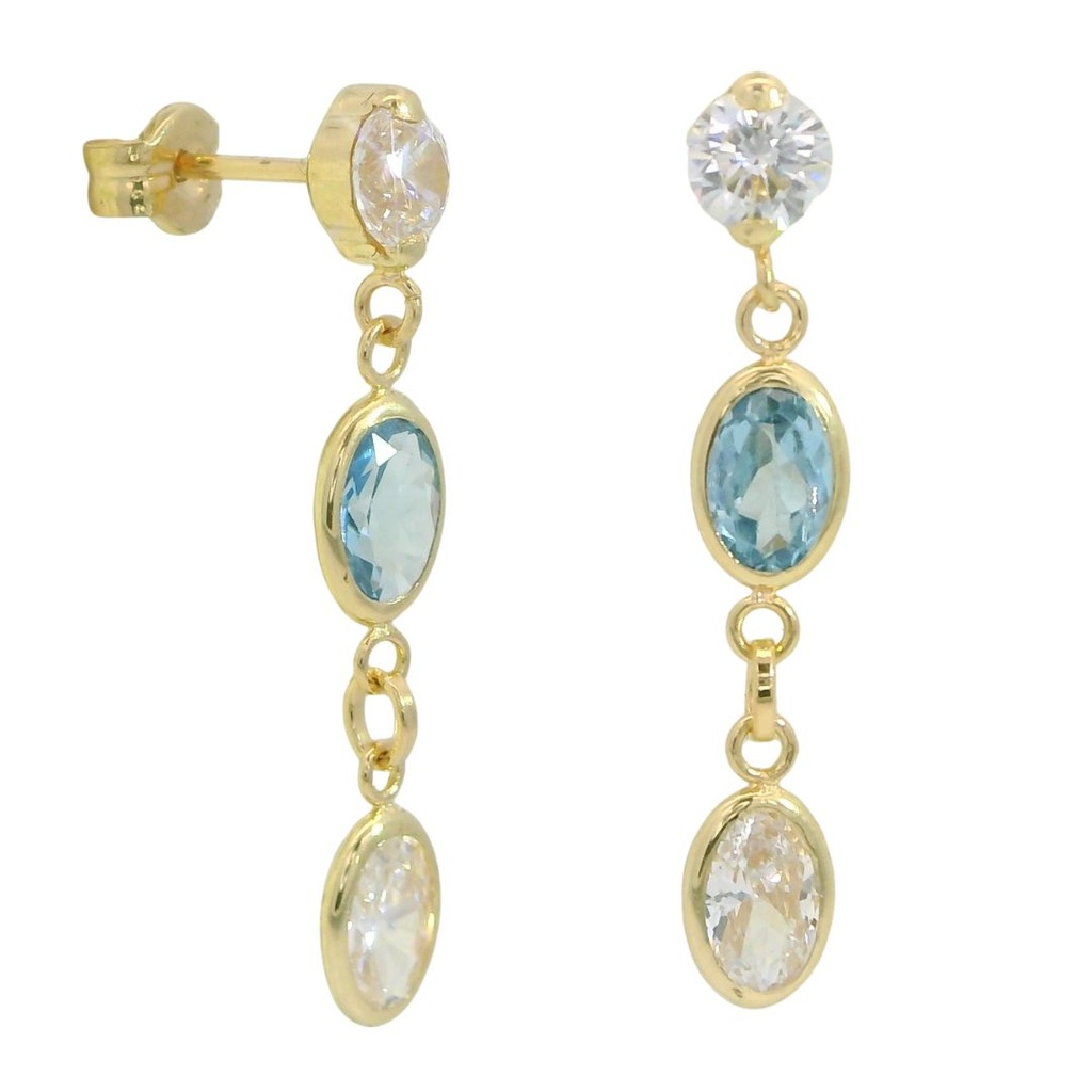 Pendientes largos piedras blancas y aguamarina oro 18k