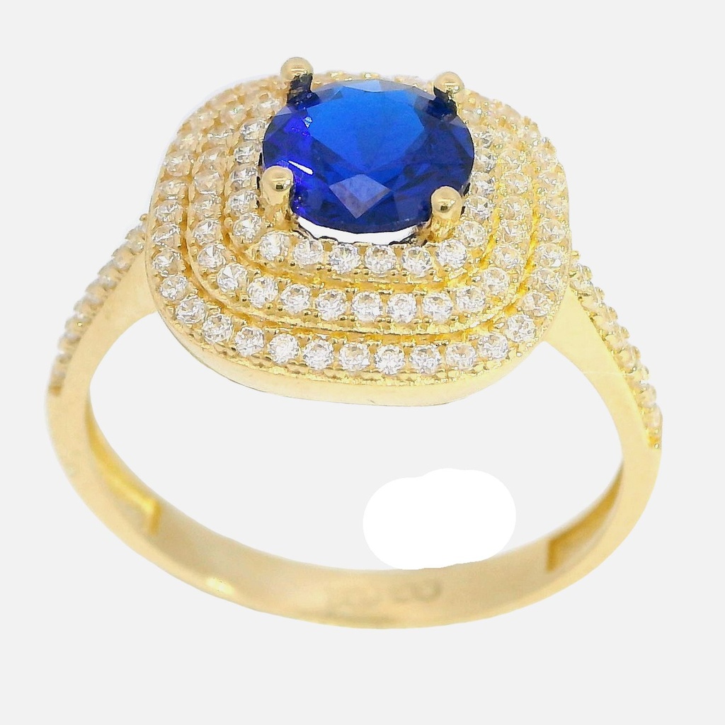 Anillo piedra azul con orlas de circonitas en oro de 18k