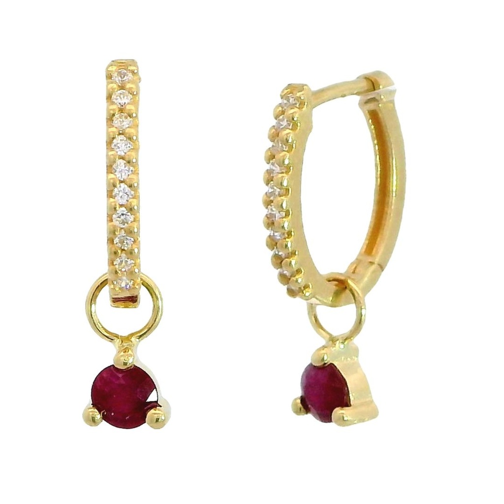 Pendientes aro con circonita y rubi en oro de 18k