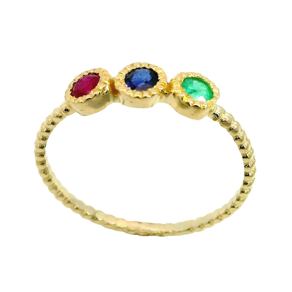 Anillo tallado con zafiro, rubí y esmeralda oro 18k